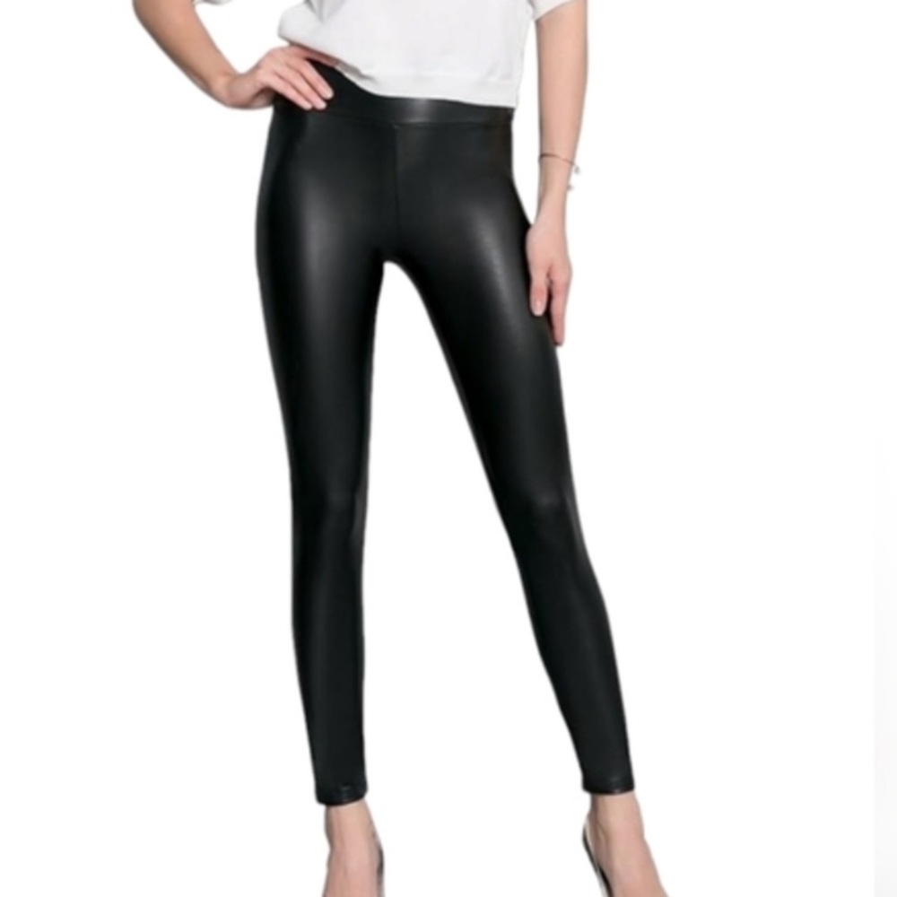 ROBERT MATTHEW Black Faux Leather Smooth Lined Leggings Bodycon High Waist Sz M